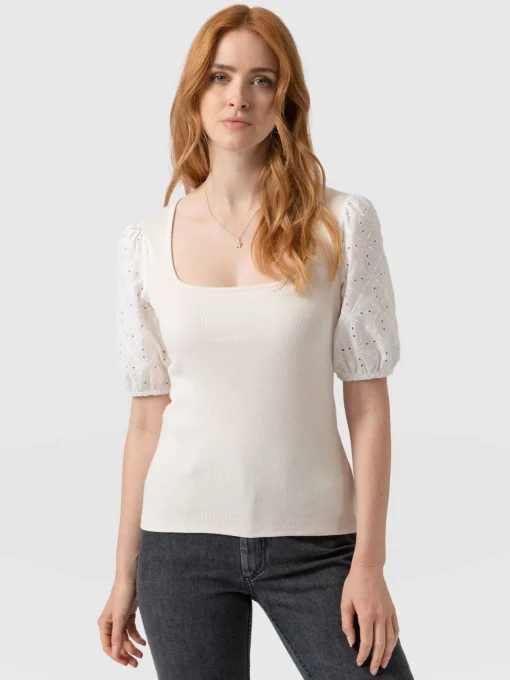 Saint and Sofia Cavendish Square Neck Tee - Cream Broderie