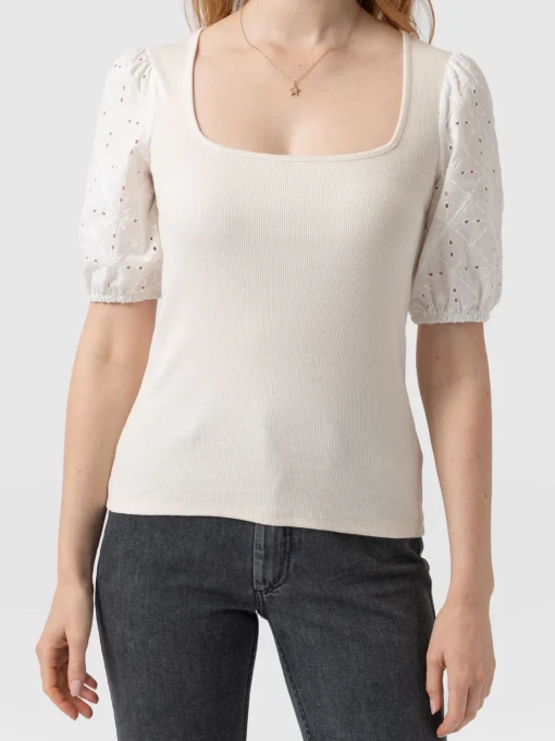Saint and Sofia Cavendish Square Neck Tee - Cream Broderie