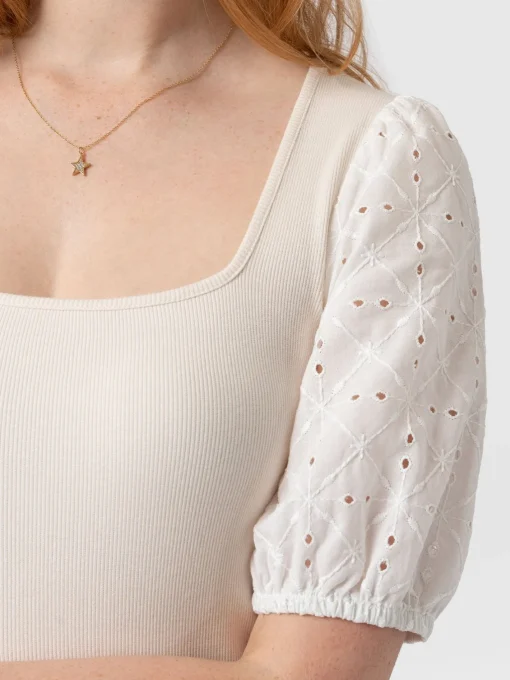Saint and Sofia Cavendish Square Neck Tee - Cream Broderie