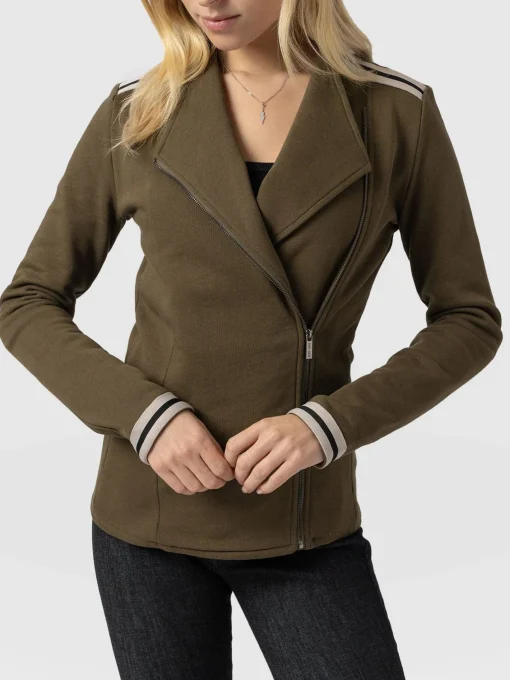 Saint and Sofia Cotton Biker Jacket - Khaki - Cream Stripe