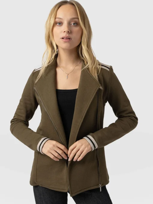 Saint and Sofia Cotton Biker Jacket - Khaki - Cream Stripe