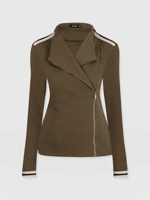 Saint and Sofia Cotton Biker Jacket - Khaki - Cream Stripe