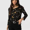 Saint and Sofia Cowl Neck Tee Long Sleeve - Black Floral