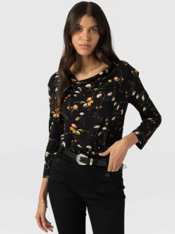 Saint and Sofia Cowl Neck Tee Long Sleeve - Black Floral