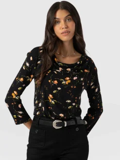 Saint and Sofia Cowl Neck Tee Long Sleeve - Black Floral