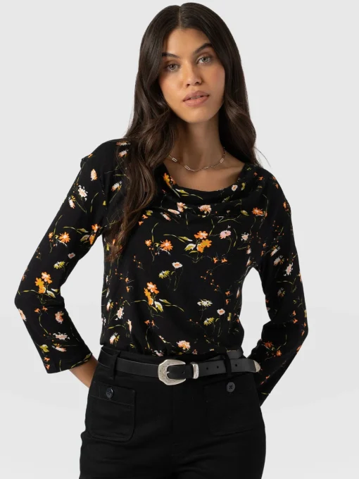 Saint and Sofia Cowl Neck Tee Long Sleeve - Black Floral
