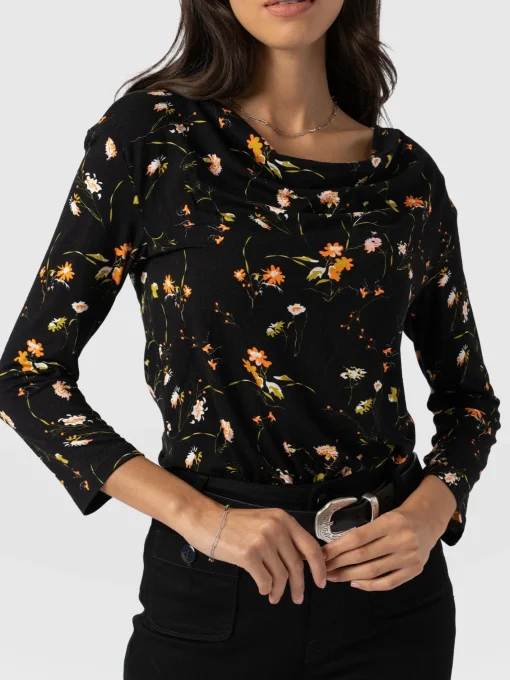 Saint and Sofia Cowl Neck Tee Long Sleeve - Black Floral