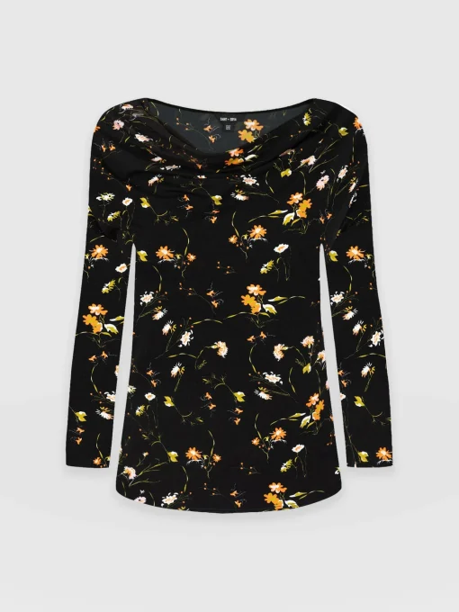 Saint and Sofia Cowl Neck Tee Long Sleeve - Black Floral