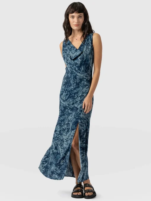 Saint and Sofia Faye Cowl Neck Dress - Blue Marble
