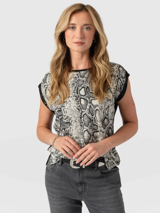 Saint and Sofia Turn Up Contrast Tee - Cream Snake