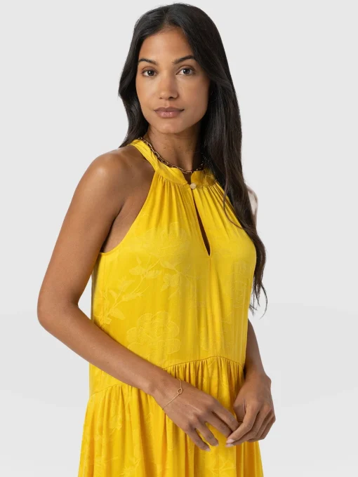 Saint and Sofia Zoey Halter Neck Dress - Yellow Jacquard