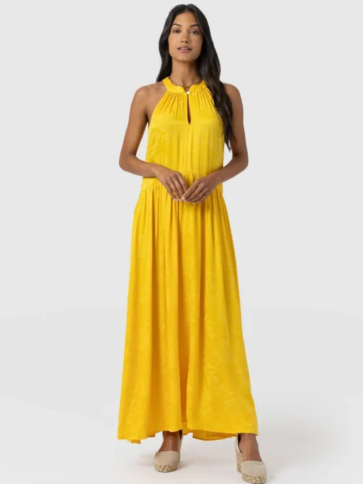 Saint and Sofia Zoey Halter Neck Dress - Yellow Jacquard
