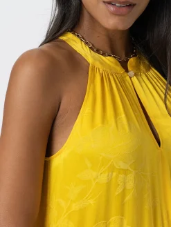 Saint and Sofia Zoey Halter Neck Dress - Yellow Jacquard