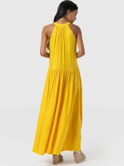 Saint and Sofia Zoey Halter Neck Dress - Yellow Jacquard