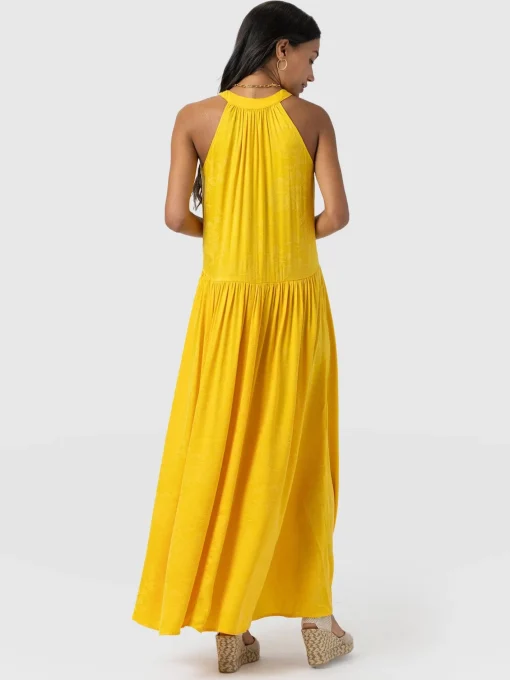 Saint and Sofia Zoey Halter Neck Dress - Yellow Jacquard