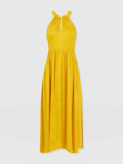 Saint and Sofia Zoey Halter Neck Dress - Yellow Jacquard